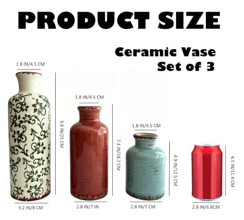 3 Pack Ceramic Flower Vase for Home Decor, Large Rustic Table Vases Farmhouse Heavy Duty Ceramic Vases for Home Living Room Bedroom Office Table Kitchen Shelf Decor (I-Multicolor-03A)