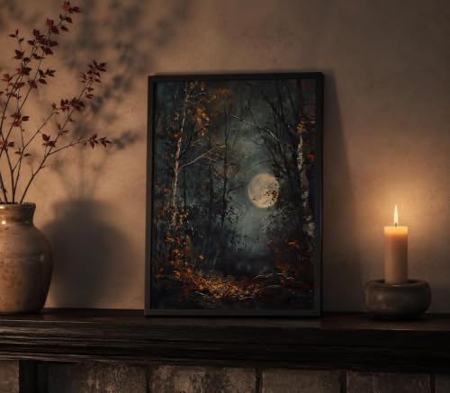 Framed Gothic Enchanted Forest Wall Art,Dark Academia Celestial Moon Painting Picture Wall Decor,Autumn Moody Landscape Poster Print Artwork,for Living Room Bedroom Office Home Decoration - color: Dark Forest, size: 24"L x 16"W