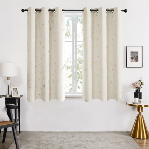 Deconovo Short Blackout Curtains 45 Inch Long, Curtains for Kitchen Nursery - color: Light Beige/Floral Branch and Dots, size: 42"W x 45"L (Pack of 2)