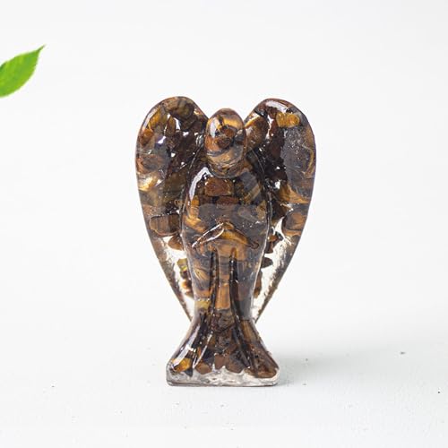 Crystal Angel Figurine, Mini Resin Angel Decor with Natural Gemstone Chips - color: Tiger's Eye