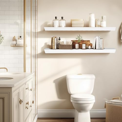 36x6.8x1.6in Slanted Solid Wood Floating Wall Shelves 2-Pack White - color: White, size: 36"-Set of 2