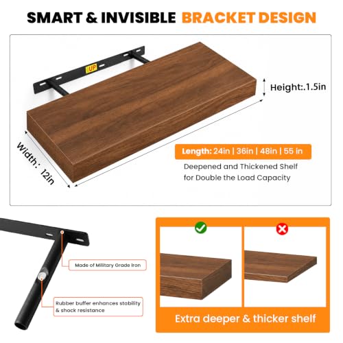 RICHER HOUSE 55Inch Long Floating Shelves, 12" Deep Wood Wall Shelf, Walnut - color: Walnut, size: 55in