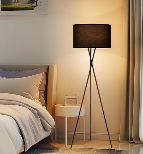 Kira Home Sadie 61" Mid-Century Modern Tripod Tall Floor Lamp - color: Black Finish,Black Shade