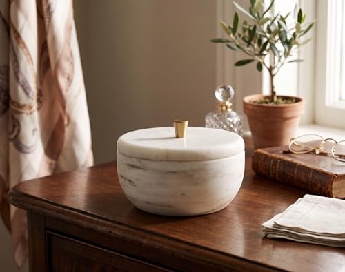 White Marble Storage Box with Copper Knob – Round Decorative Organizer for Jewelry, Trinkets, Bathroom or Office – Natural Marble with Soft Padded Bottom, 5" Diameter x 3.7" H, 3.3 lb
