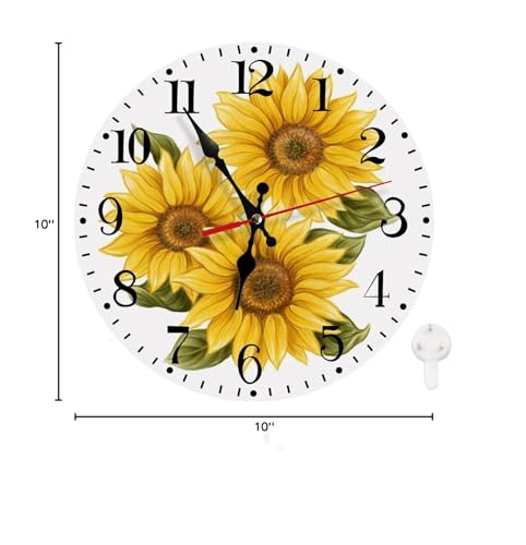 Ansouyi Round Wall Clock Battery Operated Clocks Wallclock 10 Inch,Yellow Sunflowers on White Silent Non Ticking Wall Clock for Living Room,Kitchen,Home,Bathroom,Bedroom,Office or School - color: Sunflowers