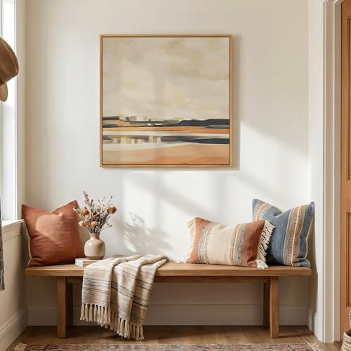 Framed Square Neutral Abstract Landscape Wall Art for Living Room, 24x24 In - color: Neutral, size: 24"L x 24"W