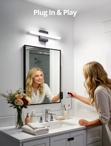 Combuh Black Plug in Vanity Light Bar Corded for Bathroom Lighting Fixture No Wiring, 16Inch 5 Colors Adjustable Dimmable Modern Bright Daylight Mirror Lamp for Wall Dressing Room Makeup (with Plug) - color: 5CCT-Dimmable-With Plug, size: 16inch