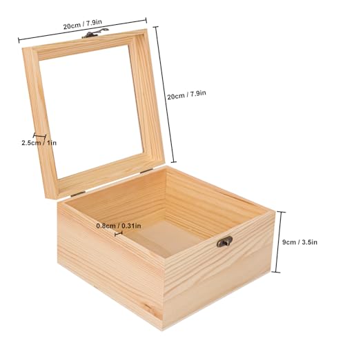 2 Pack Wood Box with Glass Lid, 7.87 x 7.87 x 4.72 inch Wooden Display Box with Hinged Lid for DIY Craft, Collectibles - size: 2 Pack 7.87 x 7.87 x 4.72 inch