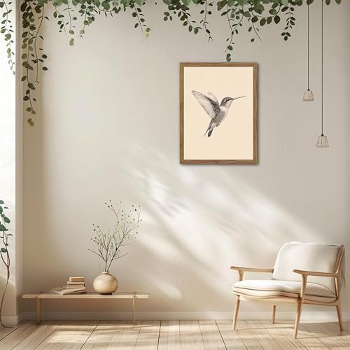 Vintage Framed Wall Art, Birds Canvas Prints, Hummingbird Sketch Painting Picture, Neutral Farmhouse Artwork Wall Decor for Living Room Bedroom – Dark Wooden Frame 12x16in - color: Hummingbird, size: 16"L x 12"W