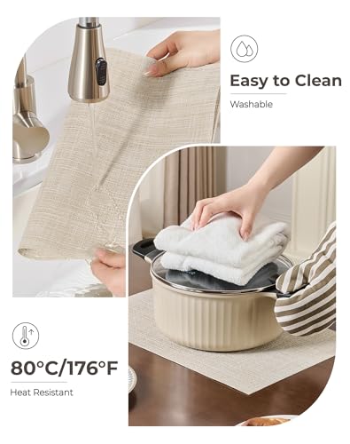 Woven Vinyl Beige Placemats Set of 12, Linen Look & Easy to Clean - color: Beige, size: Set of 12