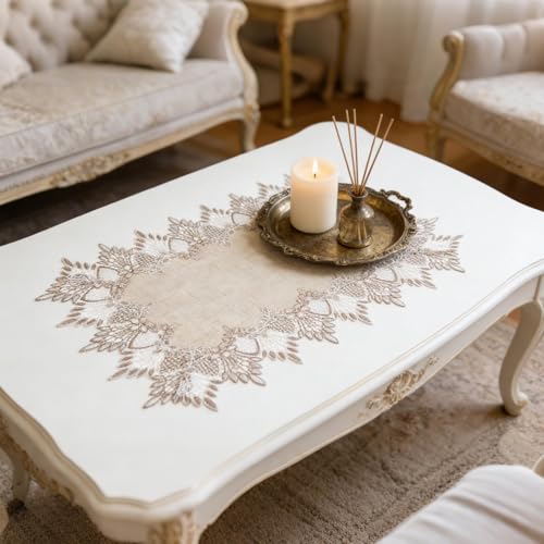 2 Pcs Lace Doily, 12"*18" Rectangle Neutral Earth Tones Beige Lace Coffee Table Topper Linen Style Tablecloth Placemats with Embroidery Edge for Dining Room - size: 12*18"