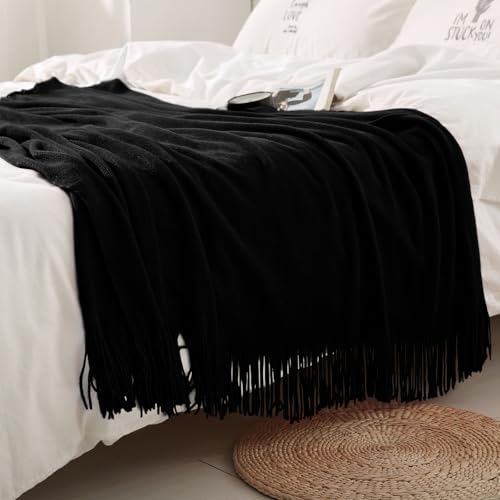 Homiest Black Knitted Throw Blanket with Fringe, 50x60 Inch - color: Black, size: 50" x 60"