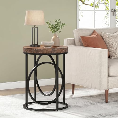 LITTLE TREE 20” Round End Table with Thick Wood Top,Modern Sofa Side Table with Gold O-Shaped Base, Midcentury Accent Table Cocktail Table Nightstand for Living Room Bedroom - color: Rustic Brown+black