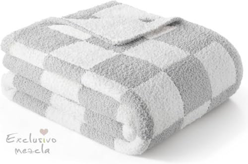 Exclusivo Mezcla Checkered Knit Blanket Twin Size for Bed, Light Grey - color: Light Grey, size: Twin (60"x80")