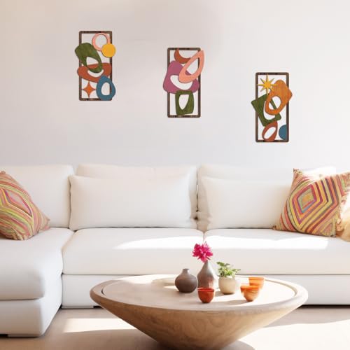 Pigort 3 Pcs Wooden Abstract Wall Art Mid Century Modern Wall Art Modern Elegance Wall Decor Geometric Home Decoration for Living Room Office 9.2x15.7inch