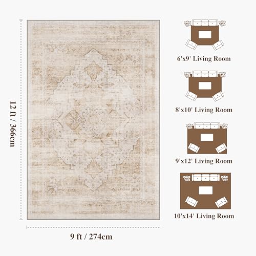 9x12 Washable Vintage Area Rug - Distressed Non-Slip Rugs Soft Large Retro Carpets for Living Room Bedroom Dining Room Office Home Decor, Beige - color: Light Brown, size: 9' x 12' (Rectangular)