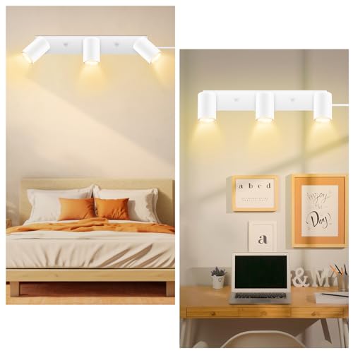 AUQUEE 3 Light Track Lighting Kit,White 3 Way Flexible Plug in Ceiling Spotlight,Industrial LED Wall Light for Kitchen Cabinet Gallery Bar Hallway Living Room,Rocker Switch,15 ft Cord(No Bulb) | Track Light Fixtures Ceiling,Plug in Wall Lights with Cord,