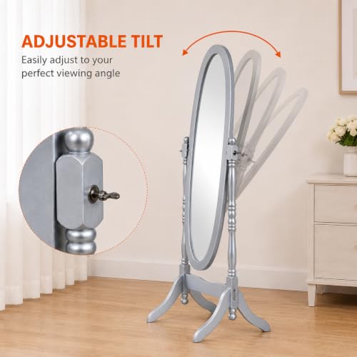 Cheval Mirror Full Length Floor Mirror with Stand, Adjustable Oval Wood Standing Mirror, Freestanding Dressing Mirror for Bedroom, Living Room and Dressing Area (Silver) - color: Silver