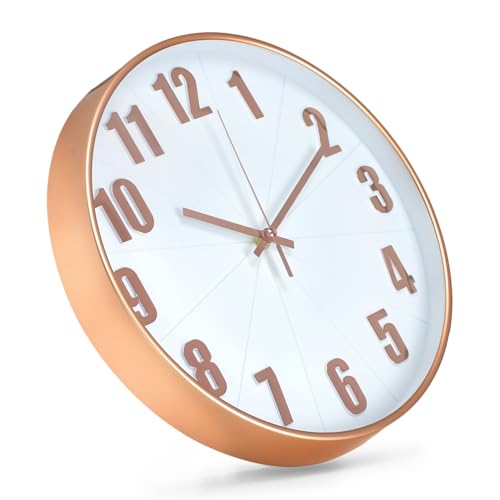 Wall Clock Modern Battery Operated Silent Non-Ticking Round Wall Clocks Simple Style Quartz Movement 3D Stereoscopic Analog Decor Clock for Office/School/Living Room(White-Rose Gold, 12 inch) - color: White-rose Gold