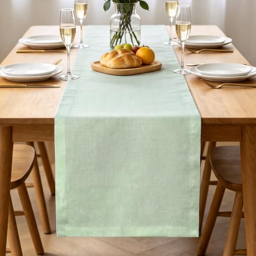 Green Linen Table Runner 14 x 108 Inch, 100% Pure Linen, Farmhouse Style, Washable, Rustic Table Decor for Wedding Party, Dining Table, Coffee Table, Dresser, Kitchen, Everyday & Holiday Use - color: Chambray Green, size: 14 X 108 inch