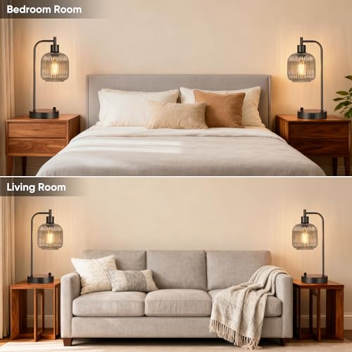 Grey Glass Table Lamps Set of 2, Dimmable Bedside Lamps for Living Room - color: Black&Grey