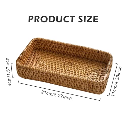 Rattan Bathroom Vanity Trays, Serving Vanity Basket Toilet Tank Basket Small Narrow Guest Towel Holder for Dressing Table, Shelves, Desk Top, Cabinet, Nightstand Storage