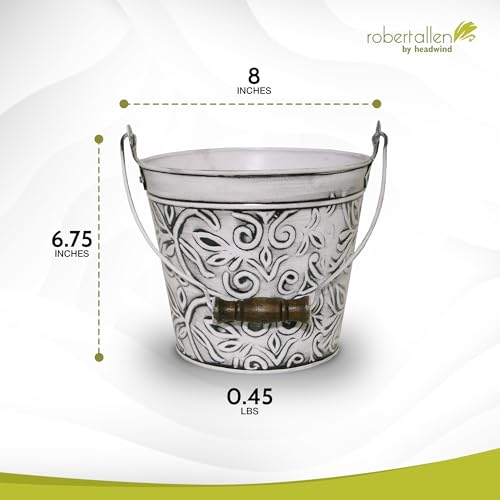 Headwind Vintage Collection - Floral Rustic White Planter with Handles – Small Galvanized Buckets & Metal Flower Pots, Decorative Bucket Planter with Drainage Hole for Indoor Plants & Outdoor Garden D - color: Rustic White, size: 8"