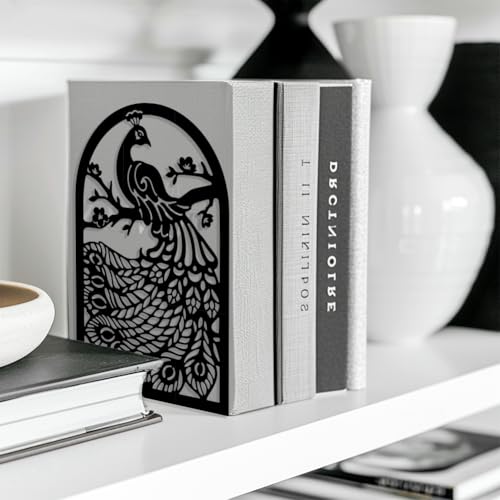 Peacoblue 5.3"x4.3"x7.9" Metal Bookends, Heavy Duty Book Ends for Shelves - style: Peacock