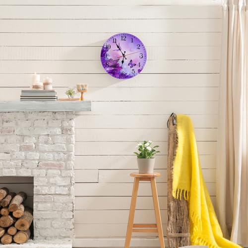 Ansouyi Round Wall Clock Battery Operated Clocks Wallclock 10 Inch,Purple Flower and Butterfly Silent Non Ticking Wall Clock for Living Room,Kitchen,Home,Bathroom,Bedroom,Office or School - color: Flower and Butterfly