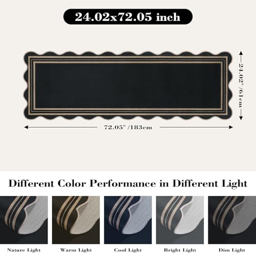 Scalloped 2x6 Kitchen Runner Rug, Washable Rugs for Entryway Non Slip Outdoor Indoor Black Hallway Rug, Farmhouse Modern Carpet for Entry Bedroom Laundry - color: Black Geometric, size: 2'x6' (Runner)
