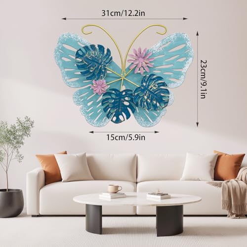 JinKune 12 Inch Butterfly Wall Decor 3D Double Layered Butterfly Leaf Floral Wall Art, Metal Wall Hanging Home Decorations Wall Sculpture Decor For Living Room Bedroom Kitchen Dining Room, Pink-Blue - color: Pink-Blue