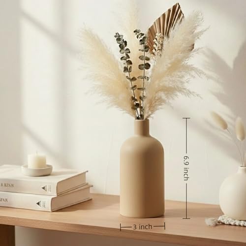 Neutral Boho Ceramic Brown Decorative Vase, Modern Matte Minimalist Vases for Shelf, Coffee Table, Living Room & Fireplace Mantel Decor