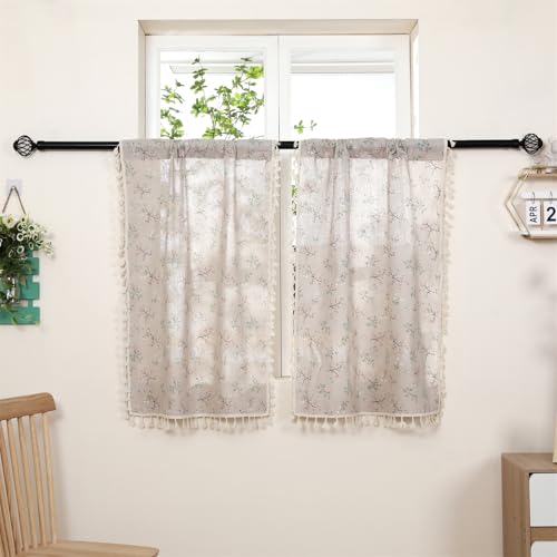 2 Panels Linen Tassels Curtains Farmhouse Little Grass and Flower Vintage Semi Sheer Window Curtain for Kitchen Bathroom, 26x54in Tiers Curtain - color: Little Grass & Flower, size: 26"W x 54"L (Pack of 2)