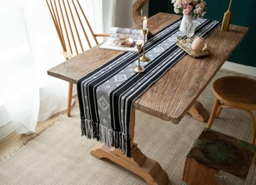 Cotton Linen Table Runner Bohemian Striped Table Runner with Tassels for Dining Party Holiday (Black, 13.5‘’x108‘’) - size: 13.5‘’x108‘’