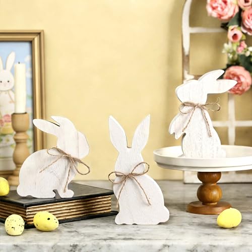 3 Pcs White Wooden Easter Bunny Signs with Jute Bows, Farmhouse Tiered Tray & Table Decor for Mantel, Desk, Spring and Easter Home Decoration