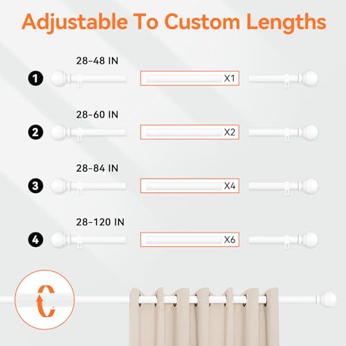 White Curtain Rods for Windows 28-48 Inch,5/8"Adjustable Small Curtain Rod - color: White, size: 28-48"(2 Pack)