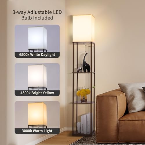 Gupuzm Floor Lamp with Shelves, Modern Square Standing Lamp with 3 Color Temperature Bulb, Corner Display Bookshelf Lamp for Living Room, Bedroom and Office(Brown-2 Pack) - color: Brown-2 Pack