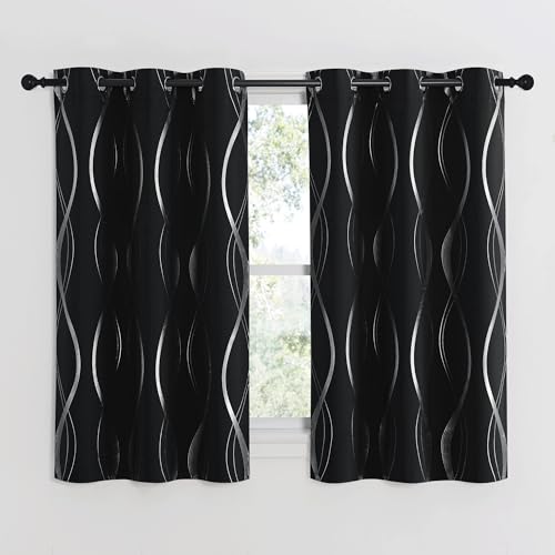 NICETOWN Black Out Curtains 54 inches Long for Small Window, 2 Panels, 42 inches Wide, Foil Printed Wave Lines Thermal Insulated Blackout Drapes for Bedroom Kitchen Loft Cafe - color: 1 - Black, size: 42"W x 54"L (Pack of 2)