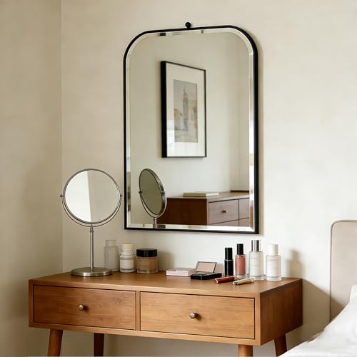 POZINO 38"x24" Premium Rectangle Round Corner Bathroom Beveled Mirror - color: Black Arch, size: 38"L x 24"W
