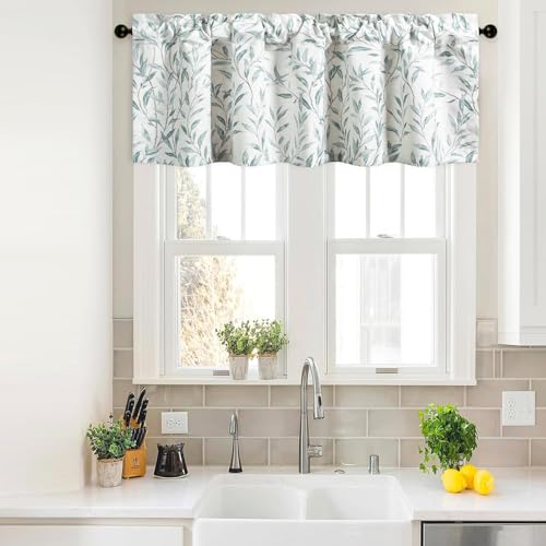 VOGOL Curtains Valance for Kitchen Windows, Country Style Leaf Print Valance for Living Room, Linen Textured Window Topper for Bathroom, 60Wx18L, 1 Panel, Blue - color: Blue, size: 60"W x 18"L (Pack of 1)