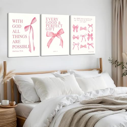 3 Pcs Coquette Pink Bow Canvas Wall Art Inspirational Bible Verses Bow Posters Wall Decor Pink Bow Room Pictures Prints Aesthetic for Girls Room Living Room Bedroom Bathroom Dorm 12x16 Inch Framed - color: Pink, size: 16L"x12W"