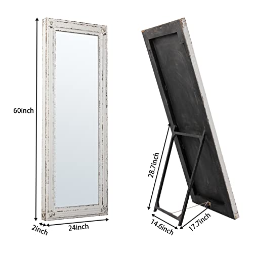 Rustic Full Length Mirror with Stand 60" x 24", Distressed White - color: White