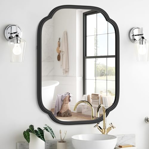 Ferytange Black Bathroom Mirror for Wall, 18" x 24" Rectangular Wall Mirror for Bathroom Metal Frame Farmhouse Rounded Corner Wall Mirror (Horizontal/Vertical) - color: Black, size: 24"L x 18"W