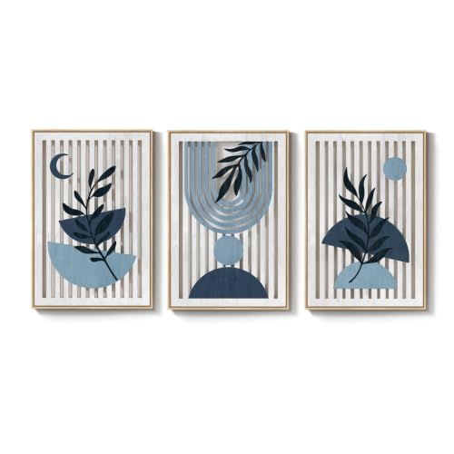 Large Framed Boho Cutout Carved Wood Wall Art for Living Room, 24x36 Inch - color: Navy Blue