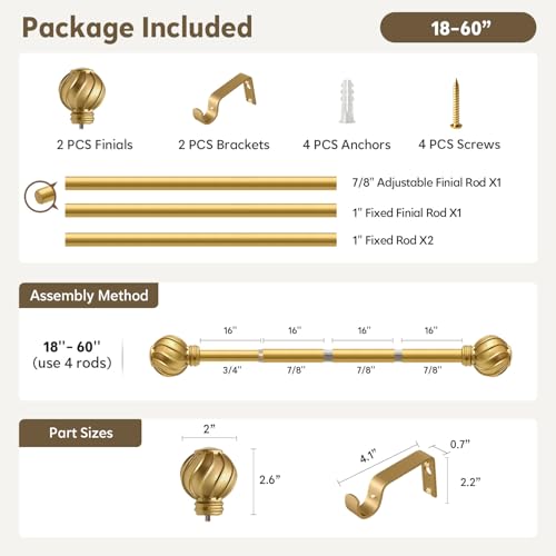 Gold Curtain Rods for Windows 28 to 48 Inch 7/8" Diameter Small - color: Gold, size: 18"-60"|1 Pack