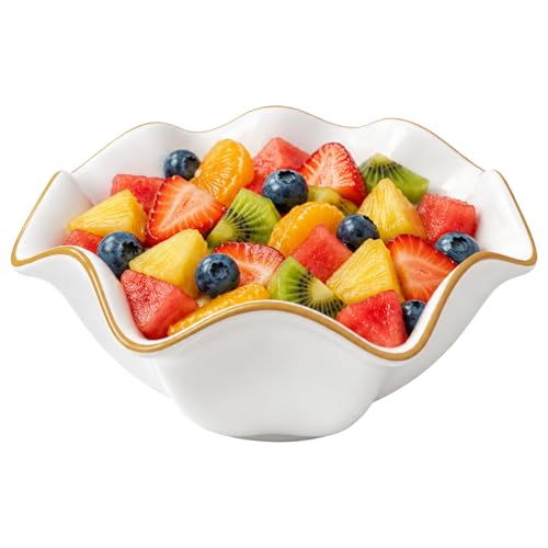 8 in White Ceramic Decorative Bowl, Ruffle Edge Serving Bowl with Golden Rim, 320 oz Shallow Fruit Container for Kitchen Counter, Dining Table Centerpiece, Entry Decor, Housewarming Present