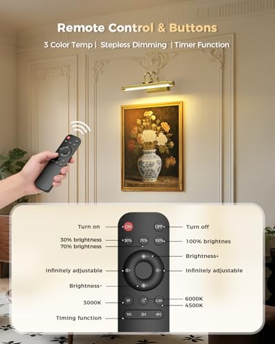 Wireless Rechargeable Picture Light with Remote, 12.6″ Battery Operated Art Gallery Wall Light, Dual 5000mAh Batteries, Dimmable with Timer, Adjustable Design, Electroplated Gold Finish - color: Battery Operated-Brass, size: 12.6 Inch