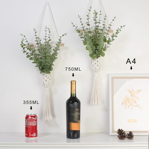 Macrame Wall Hanging with Artificial Eucalyptus Plant, Boho Wall Decor, Green Gray, Set of 2 - color: Green Grey 2pcs