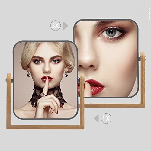 YEAKE Double Sided 3X Magnifying Makeup Mirror with Bamboo Stand,Small Desk Table Mirror with 360° Rotation,Standing Portable Cosmetic Mirror,Good for Shower,Shaving and Traveling-Grey - color: Dark Grey-rectangle (1x,3x)