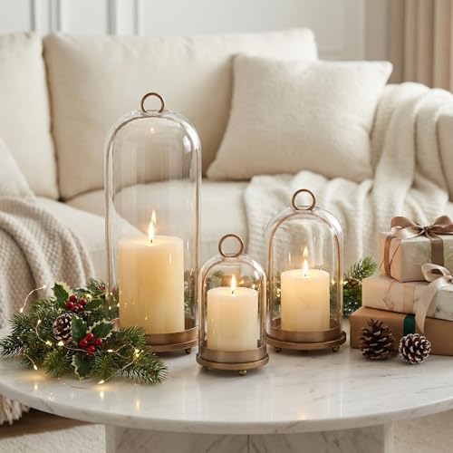 15"&9"&7" Hurricane Glass Candle Holders Set of 3 - color: Brass